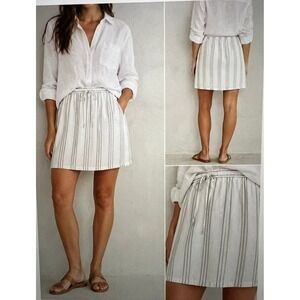 Garnet Hill Pull-on Skirt Womens L White Striped Linen Drawstring Casual Pockets